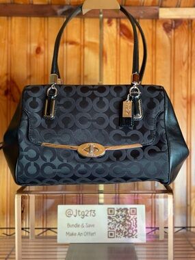 Coach Madison Op Art Sophia Satchel Black Jacquard Turnlock Shoulder Bag